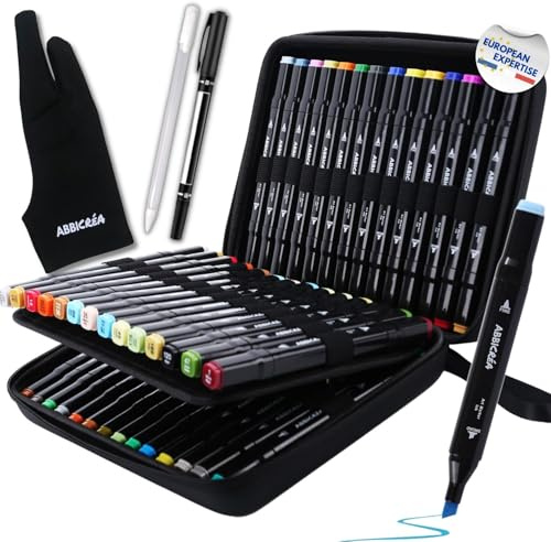 40 Pennarelli alcool ABBICREA doppia punta set completo : astuccio rigido, 2 lineri e guanti artisti in omaggio | Colorazione per adulti, bambini, principianti o professionisti, promarker indelebile