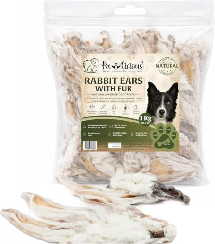 PAWLICIOUS 1kg Rabbit Ears with Fur for Dogs, 70–85 Hairy Ears,100% Natural Air-Dried Raw Dog Food Treat, Hypoallergenic Chew for Puppies, Adults & Seniors, Grain & Gluten Free