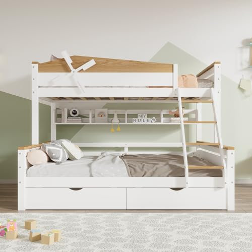 Etagenbett für 3 Kinder, Hochbett mit Bücherregal und Windmühle, Kinderbett mit 2 Unterbett Schubladen und Leiter, 90x200cm +140x200cm Funktionsbett Stockbett Jugendhochbett, Kiefer+MDF, Weiß+Natur