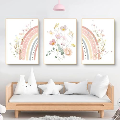 champracer 3er Set Poster für Kinderzimmer Boho Deko Bilder - Rosa Blume Sonne Regenbogen Bilde Wanddeko, Ohne Rahmen Boho Wandposter (40 x 50 cm,B)