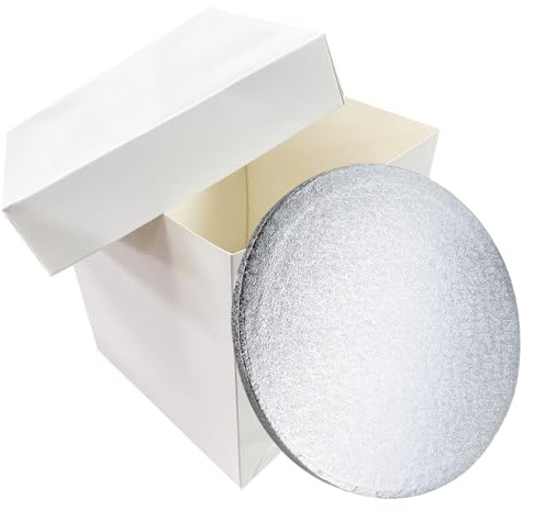 LARRYROO Tall White Cake Box Extra Deep & Silver Round Cake Drum Board Combo For High Celebration, Wedding, Birthday Cakes (14)