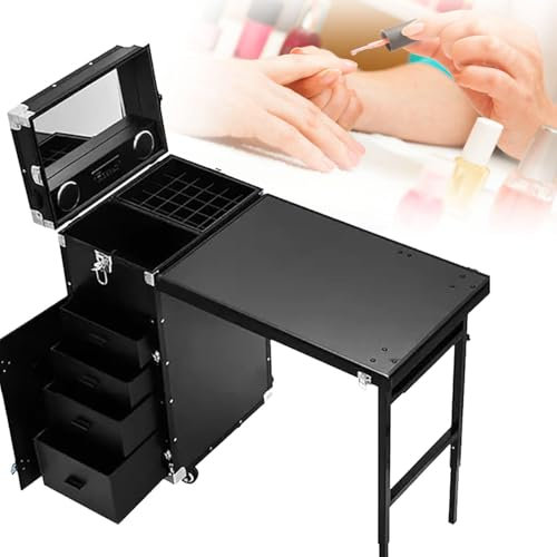 Mesa de Manicura con Ruedas, Escritorio de Viaje Plegable para Manicura con Almacenamiento, Estuche para Manicura con Mesa de Trabajo y Espejo, para CosméTicos con Reproductor Bluetooth,Schwarz