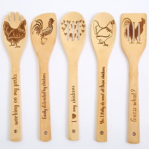 5 PCS Rooster Wooden Spoons for Cooking,Pioneer Woman Kitchen Decorations,Chicken Wooden Cooking Utensils Set,Modern Farmhouse Decor,Roosters Christmas Gifts