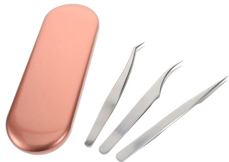 Präzisions Wimpernpinzetten aus Edelstahl mit Aufbewahrungsbox | 3 Stück, Verschiedene Ausführungen, für Einzel und Volumenarbeiten, Goldenes Bloom Design