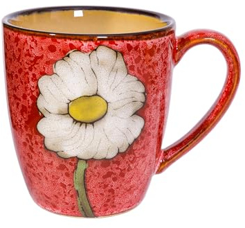 Soyestan Keramik Kaffeetasse 350 ml, Handbemalte Blumentasse mit Henkel, Teetasse Cappuccino, Mikrowellengeeignet (Rot)