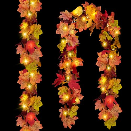 CQURE 2 Pack Fall Leaf Garland with Lights,Fall Decor Halloween String Lights Artificial Maple Leaves Autumn Garland Hanging Vines Thanksgiving Decor for Home Holiday Autumn