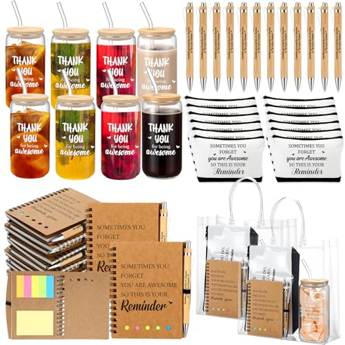 Yeyeplum Employee Appreciation Gifts Bulk Inspirational Glass Cup Makeup Bag Bamboo Pen Inspirational Notebook and Bag for Social Worker Staff Coworker Office Dental Assistant(60 Pcs,Thank You)