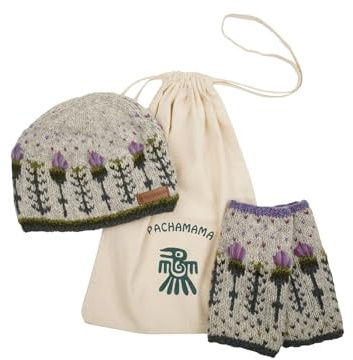 Pachamama kvinnor ull matchande mössa mössa hatt och hand/handledsvärmare 2-pack presentväska set fleece fodrad handstickad skotsk tistel design flerfärgad en storlek handgjord extra varm rättvis