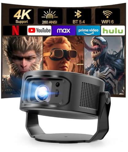 Magcubic Projecteur, 260 ANSI Wi-FI 6 et Bluetooth 5.4, Mini projecteur 4K, Correction Automatique du trapèze et Mise au Point Manuelle, Projection Libre à 360° Plus 35° pour Home cinéma