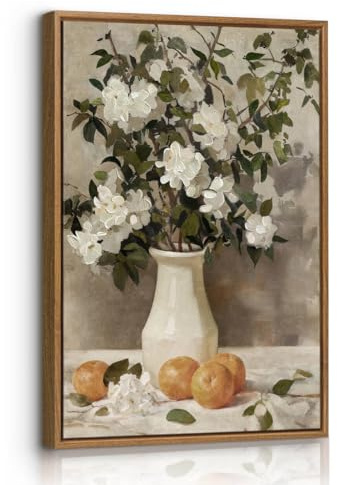 Leinwand Bilder Mit Rahmen Blumen und Zitronen Vintage Wandbilder Bauernhaus Stillleben Ästhetik Bild Auf Leinwand Blumen Botanik Wandkunst Zuhause Wanddeko für Büro Wohnzimmer Schlafzimmer 40x60cm