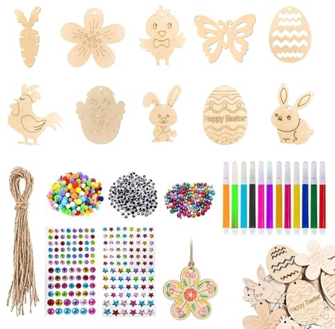 JiaQuenWex Holzanhänger Ostern Zum Bemalen – 264 Stück Ostern Basteln Kinder Set, Osteranhänger Holz zum Basteln mit Aquarellstiften, Strass, Augen, Deko Schnur für Osterdeko & DIY