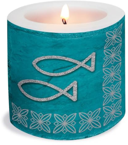 Candle Round Modern Ichthys Turquoise / Communion / Confirmation / Christening Diameter 8 cm Height 7.5 cm