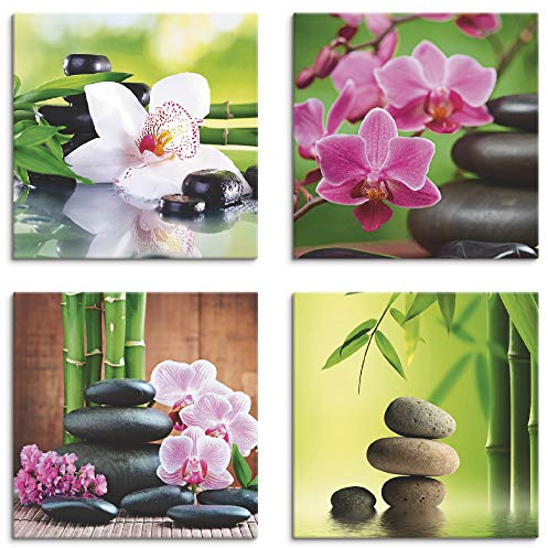 ARTLAND Wanddeko Wellness Bilder Leinwand Bilder Set 4tlg. je 40x40 cm Quadratisch Wandbilder Zen Stein Spa Bambus Zweige K3ED
