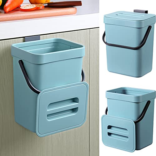 AWEKLIY Compost Bin for Kitchen Counter, Hanging Small Trash Can Under Sink,1.3 Gallon Mountable Compost Bucket,Scraps Bucket Trash Pail with Airtight Lid (Blue)