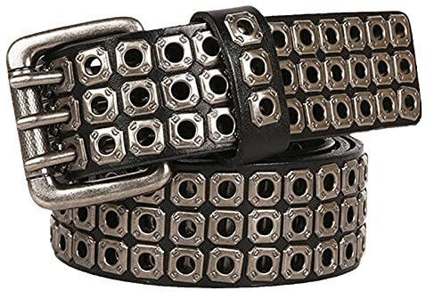 YDYBY Herren Damen 3 Reihen Nieten Echtleder Gürtel Punk Rock Style Nietengürtel für Oder Gothic-Outfits 105cm - 125cm Länge,Schwarz,120CM