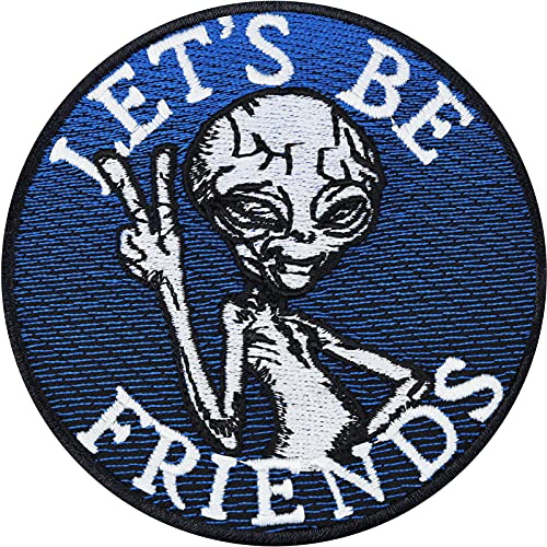 Tygmärke Låt oss vara vänner fred/Victory hand UFO utomjording patchar applikation för strykning premiumkvalitet utomjordiska klistermärken märke/stryklappar för sömnad 90 x 90 mm