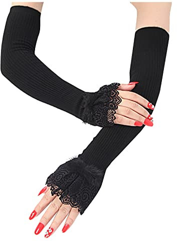 Colorful Outdoor Wollfaden Damen Schnüren Armstulpen Fäustlinge Fingerlos, Warme Halbfinger Kaschmir Gestrickte Handschuhe, Winter Fingerlose Lang Warm Stulpen (Schwarz)