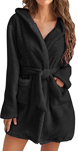 shownicer Robe de Chambre Court Femme en Polaire Douce Peignoir à Capuchon Robe de Bain Hiver Chaud et Epais Peignoir à Capuche Grande Taille Pyjama Manteaux A Noir XS