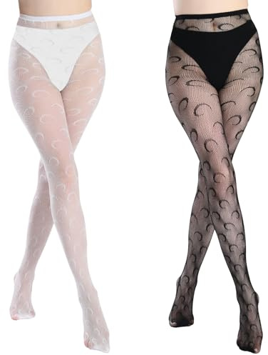 SERAPHY Strumpfhosen Damen Muster, Hohe Taille Sexy Netzstrumpfhose mit Reizvollen und Charmanten Aushöhlen Muster, Schiere Mesh Loch Strumpfhose, 2 Paar-Schwarz + Weißer Mond