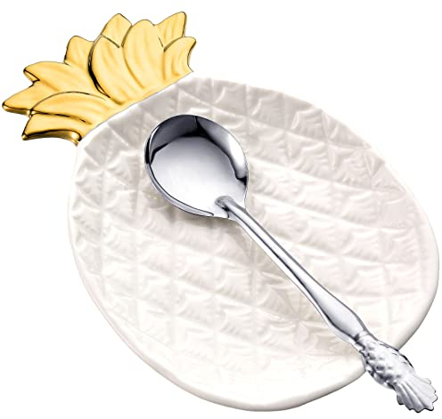 2 Pcs Pineapple Spoon Rest and Spoon Set, Ceramic Farmhouse Utensil Rest for Kitchen Counter Spatula Utensil Holder for Ladles Tong Modern Gift Pineapple Kitchen Decor