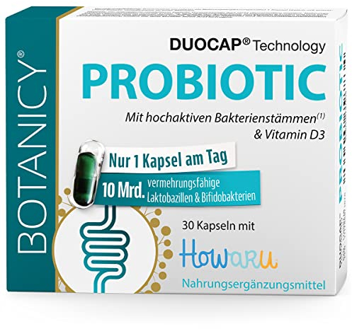 BOTANICY Probiotic - Präbiotika und Probiotika - 10 Mrd. Laktobakterien & Bifidobakterien plus Vitamin D3-30 DUOCAP® 2-in-1 Kapseln, Magensaftresistent - Laborgeprüft in DE