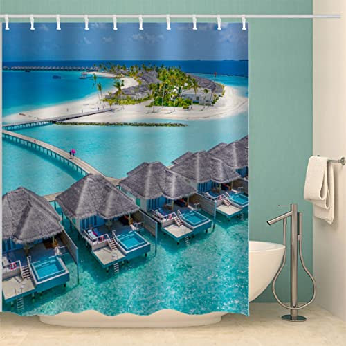 100% Polyester Malediven-Insel Duschvorhang 240x200 Anti-Schimmel Textil Waschbar Wasserdicht Lang Duschvorhänge Sommerurlaub Shower Curtain mit 12 Hooks für Badezimmer Badewanne Badvorhang