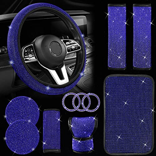JINGSEN 11-teiliges glitzerndes Autozubehör-Set, glitzerndes Autozubehör-Set für Damen, glitzernde Lenkradhülle für Damen, universelle Passform, 38,1 cm, Strass-Mittelkonsolenabdeckung (blau)