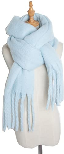 Winter Gestrickte Damen Schal,Warme Fransen Quasten Winterschal Deckenschal Langschal Herbstschal Strickhalstuch Extra Weiche Länge Dickes Umschlagtuch Poncho Schals Scarf Strickschal,Hellblau