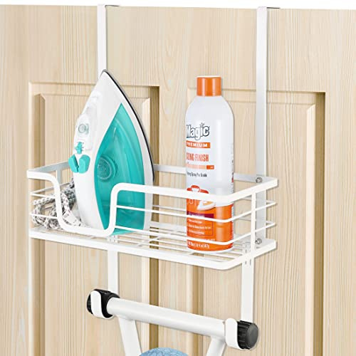 KES Over Door Ironing Board Hanger T-Leg No Drill, White Ironing Board Holder with Metal Basket and Adjustable Hooks, HIR500B-WH