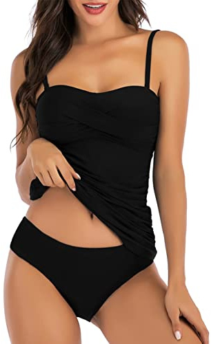 CheChury Tankini Sets for Women Swimming Costumes Bandeau Tankini Top with Removable Adjustable Straps Tummy Control Two Pieces Push Up Ladies Swimsuits Swimwear Bikini Bathing Suit,Black,L