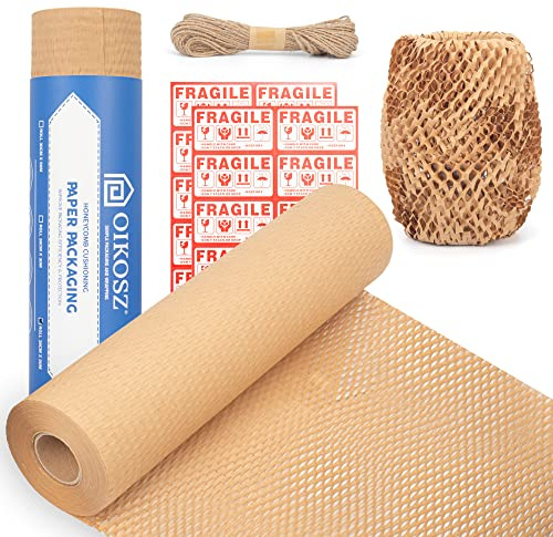 OIKOSZ Verpackungspapier mit Bienenwabe, nachhaltige Alternative zu Luftpolsterfolie für Umzug/Versand/Verpackung, recyceltes braunes Kraftpapier, umweltfreundlich, 30 cm x 50 m