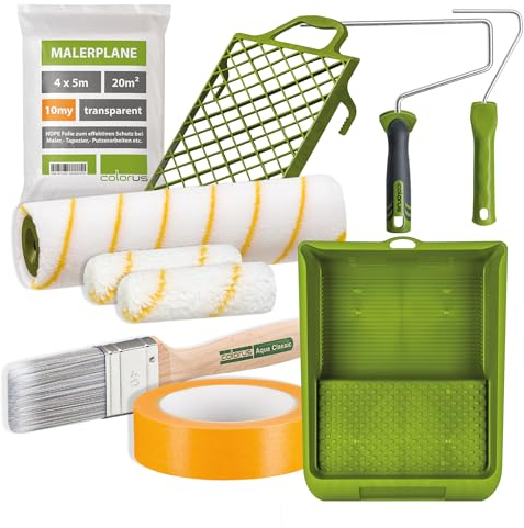Colorus Malerset XL 10 tlg | Maler Set Malerzubehör Farbroller Wandfarbe Rollen und Pinsel | Maler Set Wohnung Anstreichset | Abkleben Abdecken Streichen | Profi Malerbedarf, Werkzeuge & Tapeten