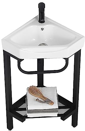 Keramik Waschbecken Freistehende Einzelbecken-Spüle Praktisches Eckwaschbecken mit Warm Kaltwasserhahn Lagerregale Praktisches Eckwaschbecken für Badezimmer Gäste-WC Handwaschbecken. ( Size : 58x47x80