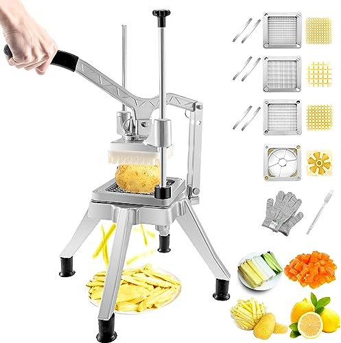 VEVOR Picadora Manual Profesional de Patatas Fritas Cortador Multifunción de Verduras 4 Cuchillas de Acero Inoxidable Cortador de 6 Cuartos Rodajas de Patata Palitos de Fruta para Cocinas Restaurantes