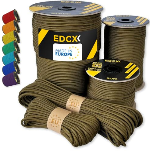 EdcX Paracord 550 Typ III 4 mm – 7 Kern-Strängen, 100% Nylon, reißfest bis 250 kg – 35+ Farben (10/15/30/50/100/300 m) – Survival-Seil, Fallschirmschnur, Zeltleine | Made in EU