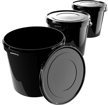 3 Eimer mit Deckel 10L Schwarz Rund | Kunststoff Lebensmittelecht, Luftdicht und Stabil | mit Griff für Lebensmittel, Chemie, Waschpulver, Klebstoffe Geeignet