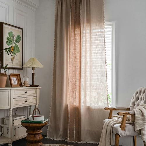 Bishilin Gardinen mit Stangendurchzug 2er Set, Vorhänge Lichtdurchlässig Kaffee 132x274CM Stickerei mit Quasten Gardinen Halbtransparent Küche Wohnzimmer