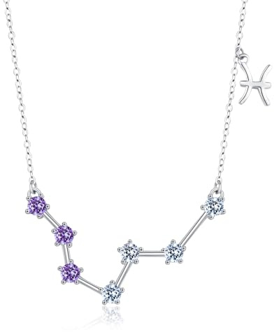 CHENGHONG Sternzeichen Kette Fische Kette 925 Sterling Silber Sternzeichen Fische Anhänger Halskette mit Geburtsstein Schmuck Geburtstag Geschenke für Frauen Mädchen