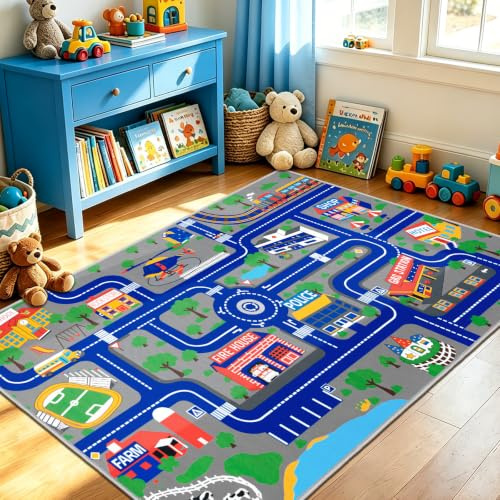 Capslpad Kinder-Spielteppich, Stadt, Straße, 100 x 160 cm, rutschfest, Kinderteppich, Spielmatte, maschinenwaschbar, Trainingsmatte, Kurzflor-Teppich, Lernbereich, Teppich für Kinderzimmer, Kleinkind