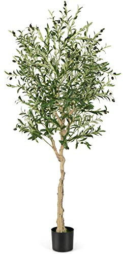 COSTWAY Olivier Artificiel 185CM avec 1296 Feuilles en Soie | Plante Artificielle en Pot avec 72 Fruits et Base de Ciment pour Maison Cour et Jardin