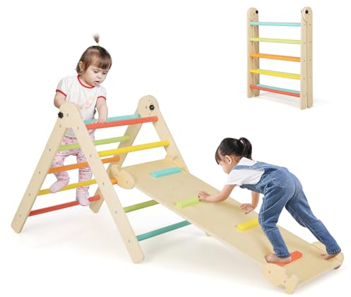 GOPLUS Kletterdreieck mit Rutsche, Klettergerüst Indoor, Sprossendreieck aus Holz mit Dreiecksleiter & Kletterrampe, Montessori Spielzeug zum Rutschen und Klettern, für Kinder ab 3 Jahren (Bunt)