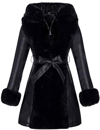 RISISSIDA Luxurious Fur Lined Faux Leather Jacket Women Winter Coat Hood Long Fur Collar Cuffs Zipper Up Pockets,Thick Warm Heavy Overcoat Belted Black XS
