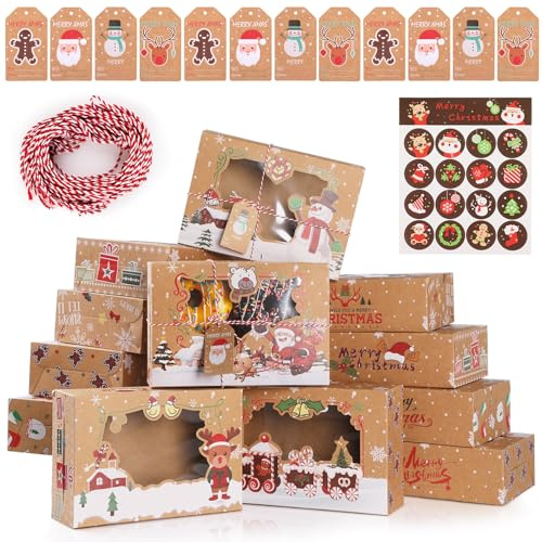 Joogee 12 Piezas Cajas De Galletas De Navidad Con Ventana Transparente, 4 Estilos Cajas Regalo Navidad cajas de con etiquetas colgantes de papel kraft para Regalos Navidad Regalos de Bricolaje