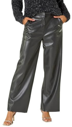 Roman Originals Faux Leather Wide Leg Trouser for Women UK - Ladies Everyday Autumn Winter Comfy Soft Evening Vacation Work Party Night Out - Black - Size 14