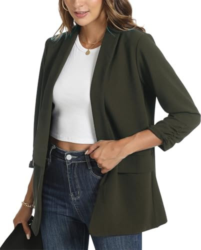 YOUNIFIZ Blazers pour Femmes Décontractés Froncés à Manches 3/4 Vestes Ouverture Devant Business Travail Bureau Vestes Blazer avec Poches, vert militaire, XL