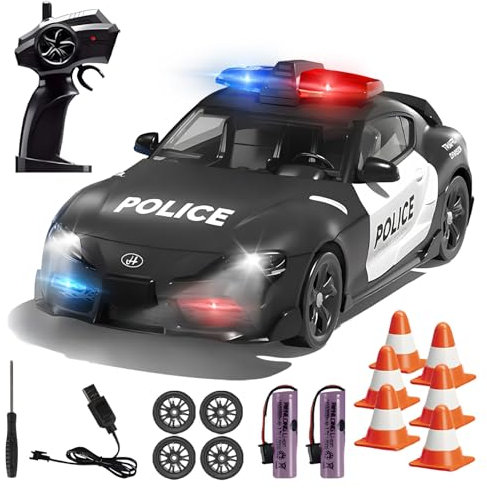 Fullware RC Drift Car Police Cars Toys, 1:24 Remote Control High-Speed Racing Toy, 4WD GT Drift Cars with Cool Light, Racing Game Indoor/Outdoor RC Drifting Car Gifts Toy for Boys Kids (Black)
