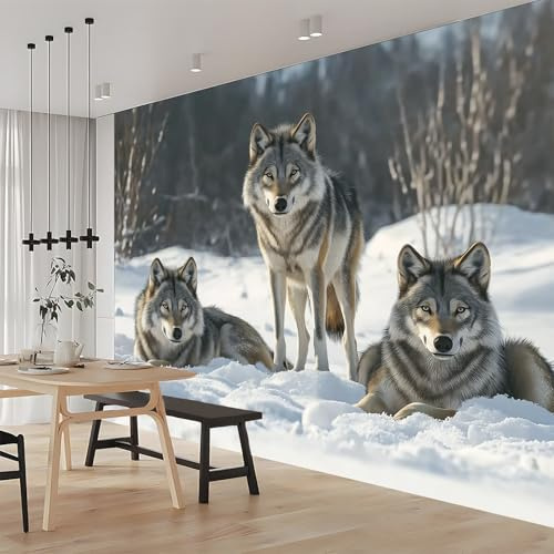 Wall Mural Wallpaper Animals Wolf Snow Photo Wallpaper Bedroom Living Room Decoration Poster 400 x 280 cm Non-Woven Premium Art Print 3D Effect Children's Room White Gray