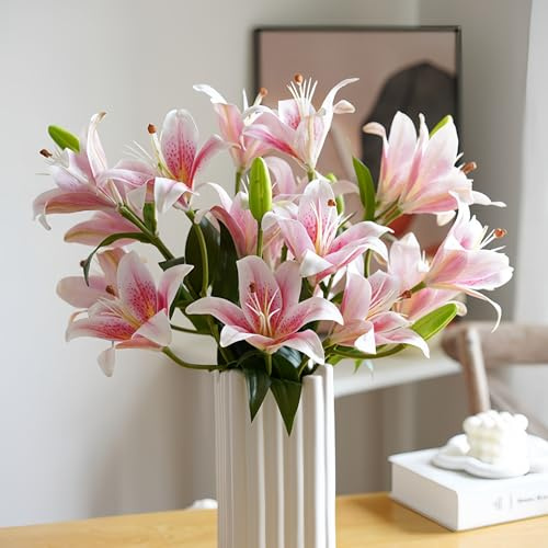 ASTRYAS 18 Heads Artifical Lily Flowers, 2PCS Pink Artificial Stargazer Lilies with 18 Heads Full Bloom Lily & 6 Buds-Faux Lilies Flowers for Home Hotel Flower Arrangement Party Decor Cemetery Spring