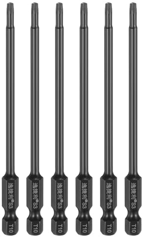 sourcing map Lot de 6 embouts de tournevis Torx T10 6,35 mm Tige hexagonale 100 mm/4 longueurs en acier S3 magnétique Inviolable Étoile 6 points Embouts de tournevis hexagonaux Noir
