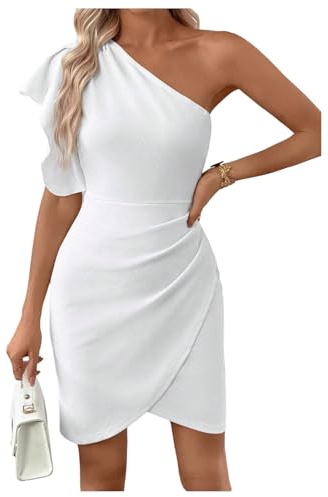 SweatyRocks Women's Elegant One Shoulder Cocktail Dress Ruffle Sleeve Wrap Bodycon Classy Party Dresses White Small